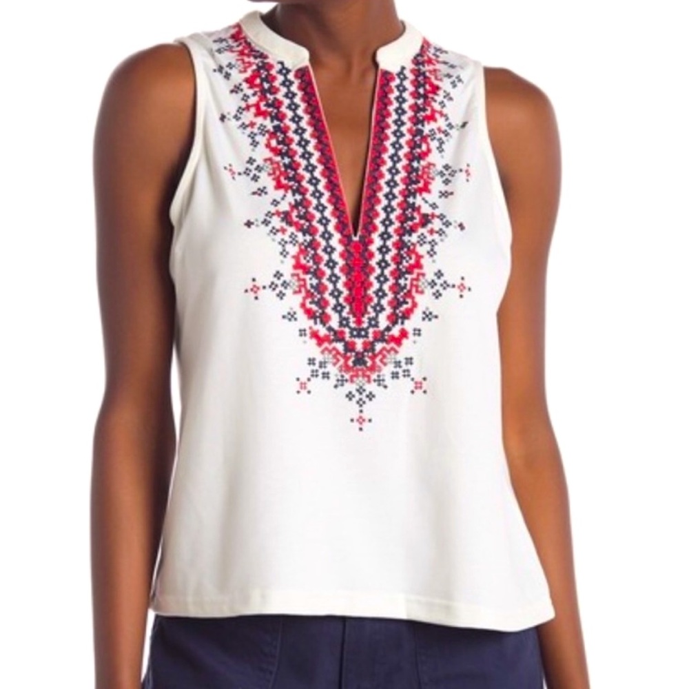 MELLODAY White Sleeveless Embroidered Split-Neck Top with Red & Navy Detail